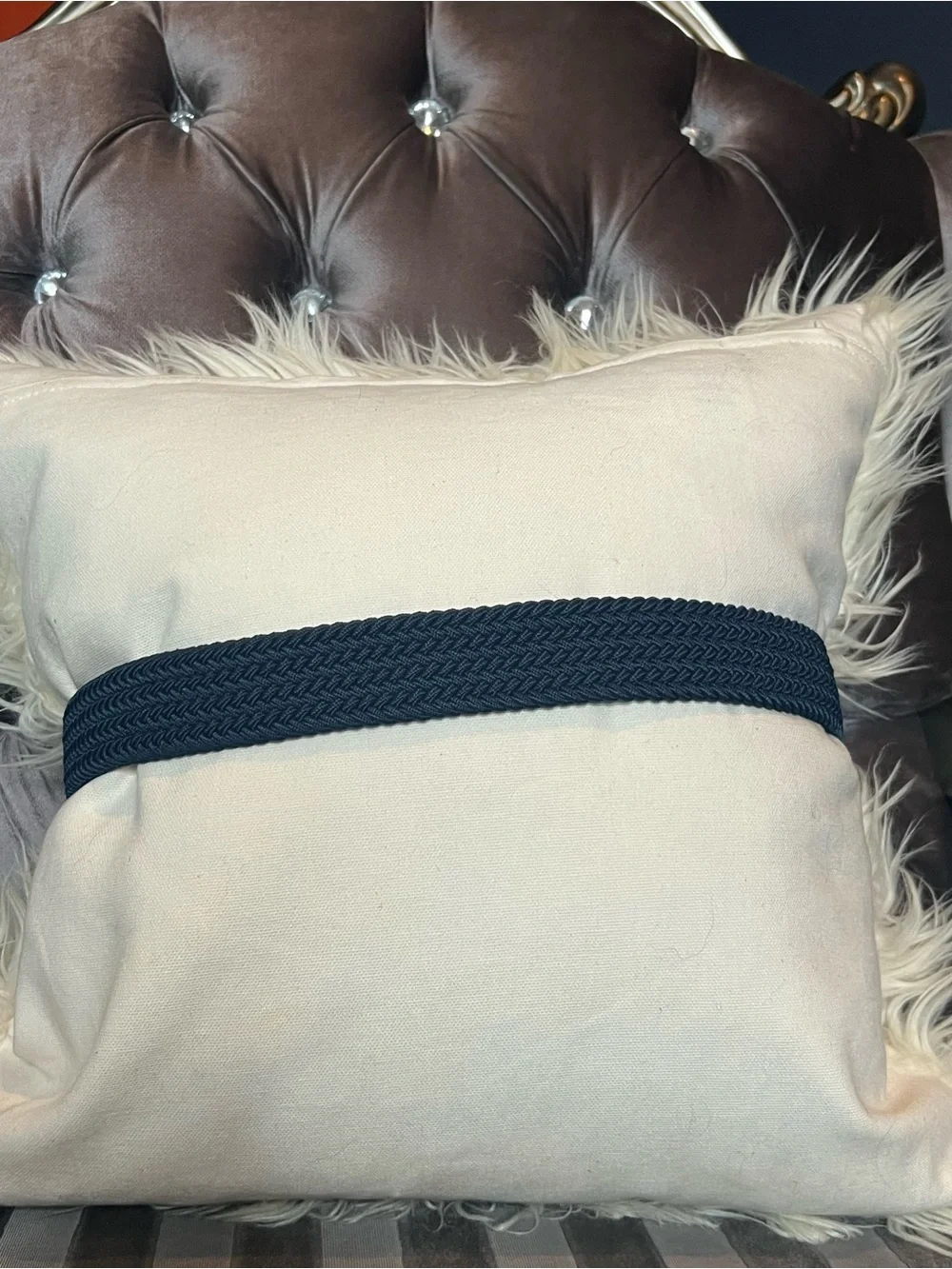 🌊💙 Navy Blue Stretch Braided Woven Belt with Silver Hardware & Logo Accent ⚓✨